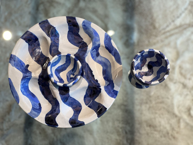 Handmade Ceramic Seder Plate with Blue Swiggles