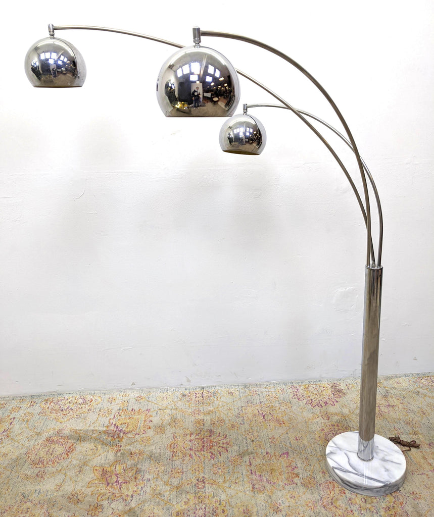 70s Modern Arched Chrome Arm Floor Lamp. Marble Round