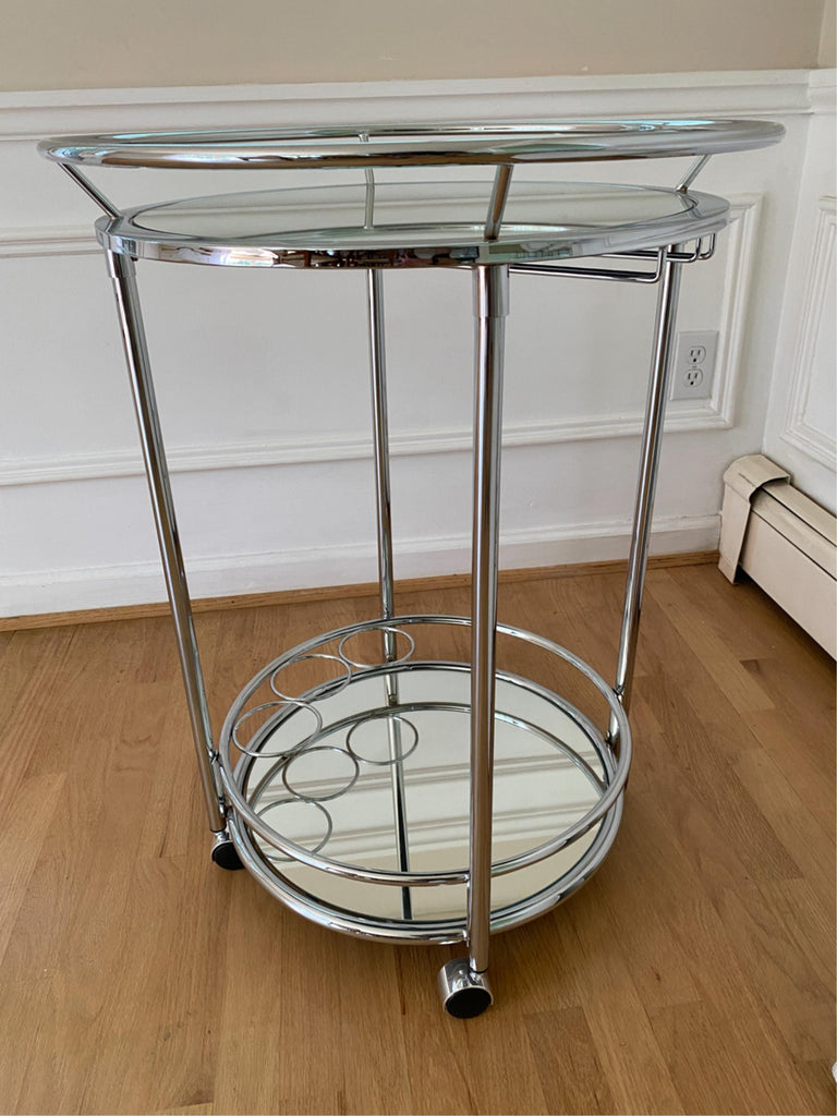 ROLLING CIRCULAR CHROME GLASS BAR CART
